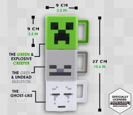 Набір 3 чашок Minecraft Stacking Coffee Mugs Creeper Skeleton and Ghast кружки Майнкрафт 250 мл